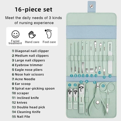16 PCS Premium Stainless Steel Manicure & Pedicure Grooming Kit with Leather Case -  Get deals pk