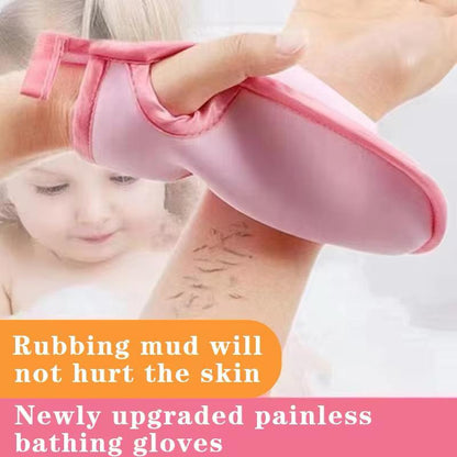 Person wearing pink gloves with text about painless bathing gloves