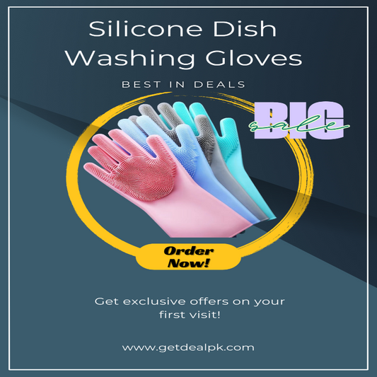 Promotional image of silicone dish washing gloves with a call to action on a dark blue background.