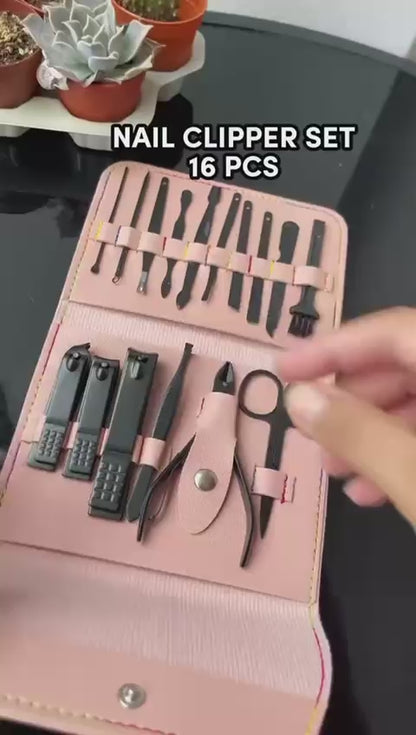 16 PCS Premium Stainless Steel Manicure & Pedicure Grooming Kit with Leather Case